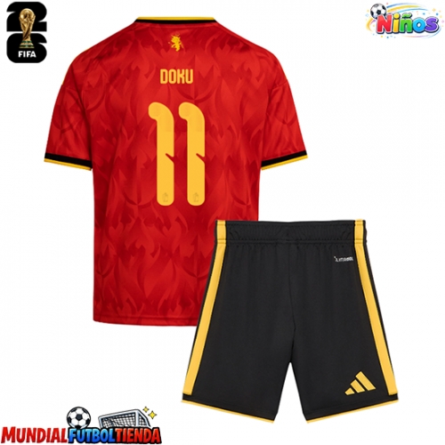 Camiseta Bélgica Jeremy Doku #11 Primera Equipación Replica Mundial 2026 para niños mangas cortas (+ Pantalones cortos)